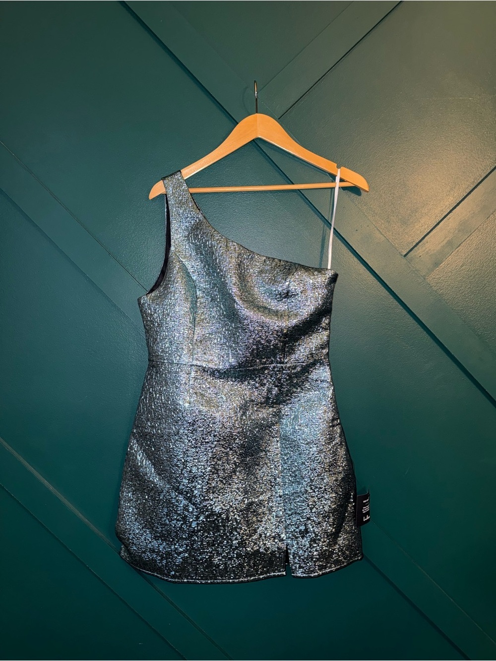 Modern Dream Teal Metallic Jacquard One-Shoulder Mini Party Dress - Picture 2 of 6